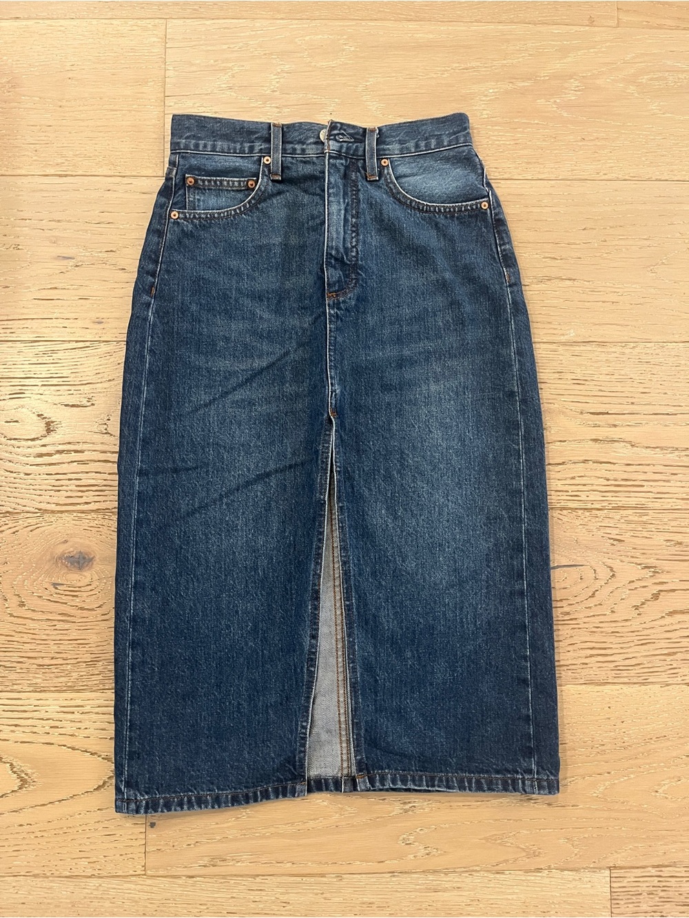 Aritzia Denim Forum Dark Blue Midi Denim Skirt with Front Slit